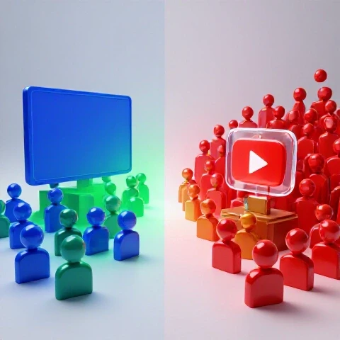 Dramatic split scene showing a small audience transforming into a vibrant crowd focused on a glowing play button