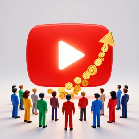 Vivid 3D scene of diverse colorful viewers watching a glowing YouTube play button, with a gold arrow of coins rising upward.