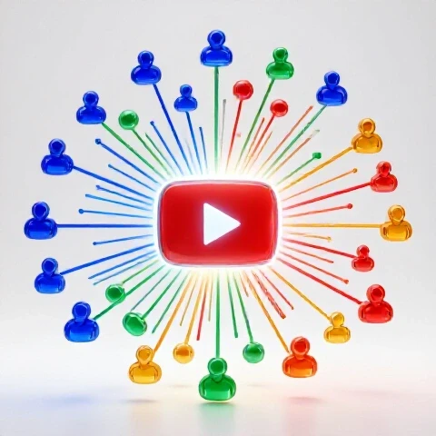 Vibrant viewer icons linked by glowing lines to a central illuminated play button on a bright background.