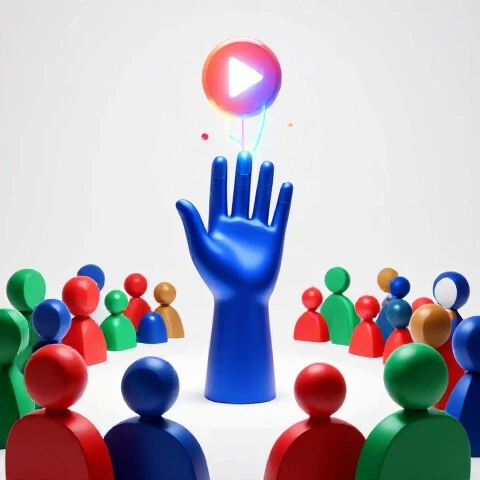 A spotlight highlights a single raised hand rising from vibrant abstract audience shapes, connecting to a glowing play button above in a bright studio scene.