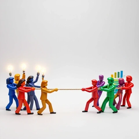 Dynamic tug-of-war between audience with lightbulb ideas and chart figures on a split bright background
