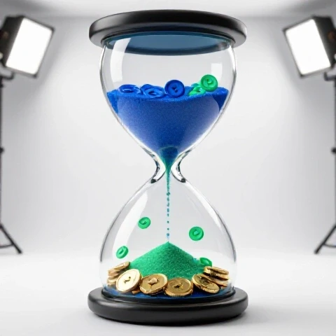Dramatic hourglass filled with glowing play buttons and golden coins beneath on a bright white background