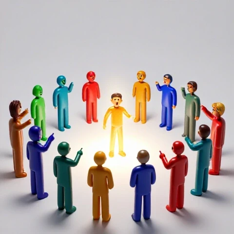 Excited crowd of colorful figures pointing toward a spotlighted individual on a bright background
