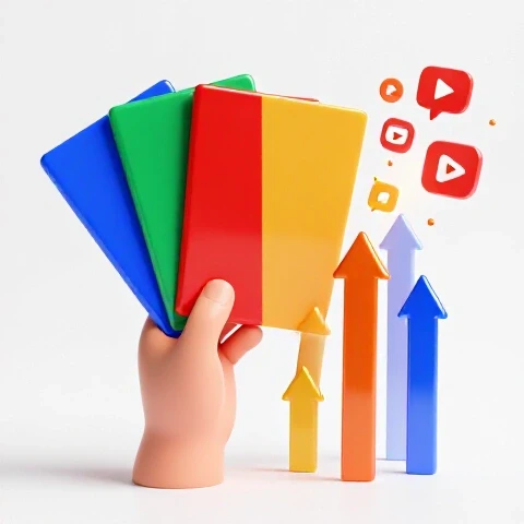 Split scene of colorful survey cards on one side and dynamic arrows with YouTube icons on the other side, set on a brightly lit white background.