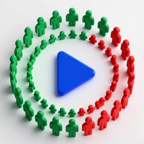 A bold play button surrounded by a crowd of growing, connected icons in rich colors on a bright background.