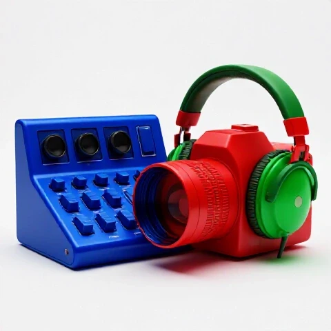 Split scene showing a sleek blue audio interface morphing into bold video gear on a bright white background.