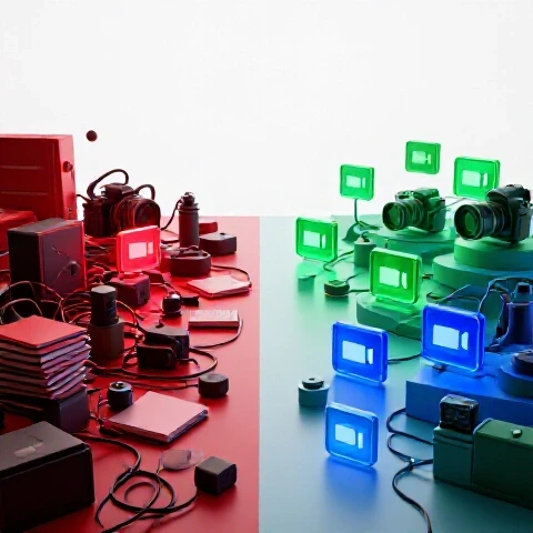 Split scene of a chaotic cluttered workspace transforming into a serene organized creative area, with vibrant colors on a bright background.