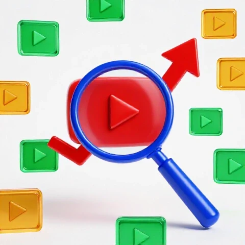 Magnifying glass examining an upward arrow YouTube play button, surrounded by vibrant video thumbnails on a bright background