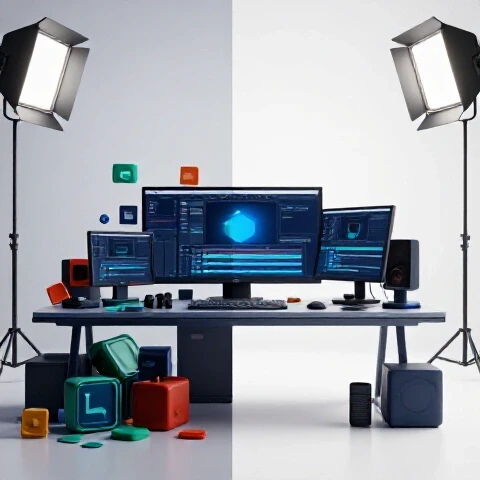 Split-screen of a messy workspace transforming into a clean, organized video editing setup on a bright background.