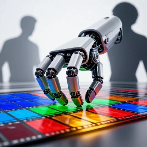 Glossy robotic hand assembling vibrant video clips on a timeline, blurred human in background, bright studio.