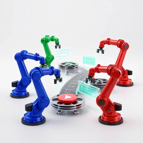 Automated assembly line with vibrant robotic arms assembling bold video icons on a bright studio background