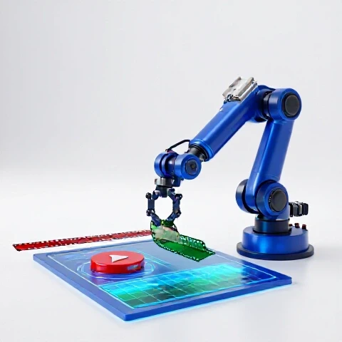 Futuristic robot arm assembles vibrant film strips, play button, and digital timeline on glowing workspace.