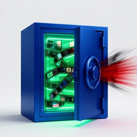 A glowing safety vault encloses a vibrant film editing timeline, protecting it from dark swirling deleted footage shadows.