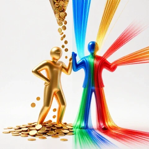 Split scene showing an abstract creator figure with falling coins on one side and colorful light streams on the other, symbolizing diverse YouTube revenue.