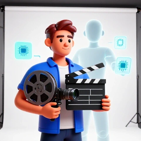 A video creator firmly holding traditional film tools while a glowing AI figure offers digital shortcuts amid a white backdrop.