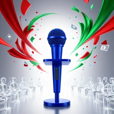 Vivid, clean scene featuring a central blue microphone amid swirling icons fading into a focused abstract audience
