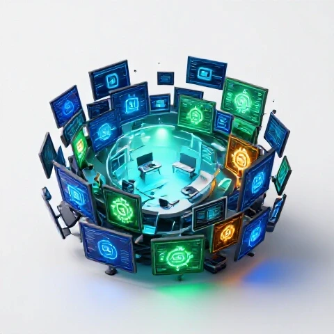 A chaotic swirl of digital screens and glowing AI icons contrasts with a calm, tranquil oasis beyond.