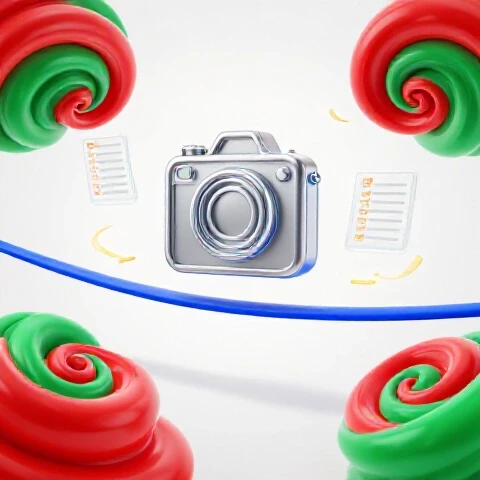 A camera icon balancing on a tightrope above colorful swirling chaos, surrounded by calming checklists and organized paths on a bright background.