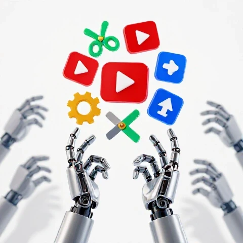 Robotic hands expertly juggle vibrant video icons while shadowy hands reach in the background, symbolizing delegation chaos.