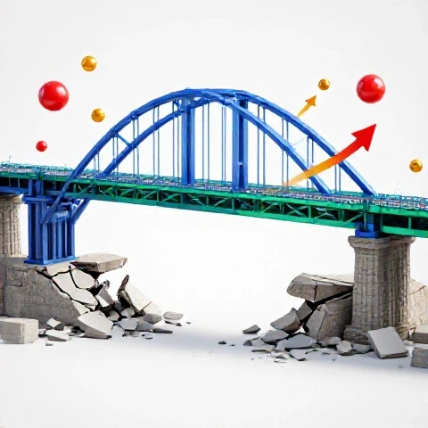 A strong metallic bridge with vibrant elements crossing over a crumbling broken bridge beneath, set against a bright white background.