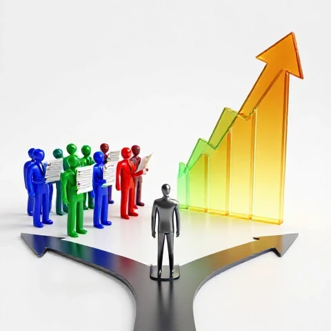 At a forked path, a central figure decides between a crowded side with resumes and a path to a rising graph.