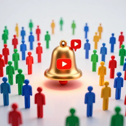 Vibrant crowd fading from a glowing notification bell as a distant hand reaches too late, on a bright background
