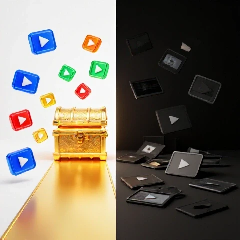 A split scene with a glowing treasure chest and colorful video icons on a gold path, contrasted against dull, discarded video thumbnails representing poor YouTube choices.