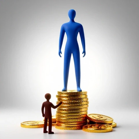 Abstract content creator figure stands tall on golden coins above a shadowy figure offering a small coin, set against a bright white studio background.