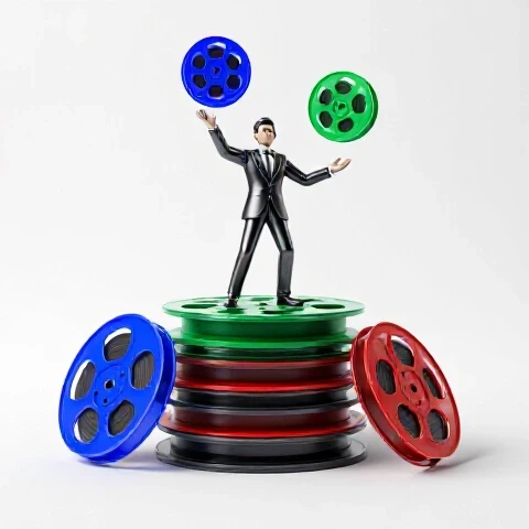 A stylized director figure balances on stacked video clips while juggling vivid film reels, with some reels slipping to suggest management challenges.