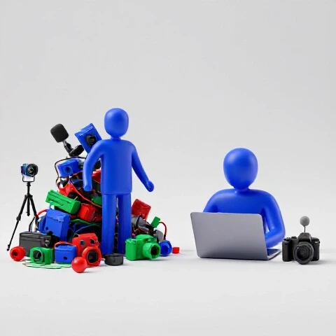 Chaotic pile of colorful tech gear beside organized minimalist setup on bright studio background, contrasting excess and essentials.