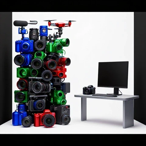 Contrasting cluttered heap of vibrant video gear next to a clean, minimal filmmaking setup on a bright background.