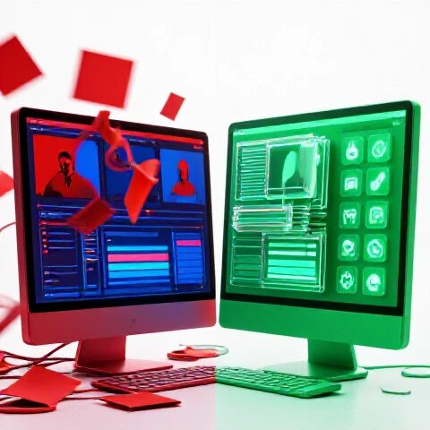 Split scene with chaotic, blurry video files on one side and organized, crisp footage on the other, centered on a bright background.