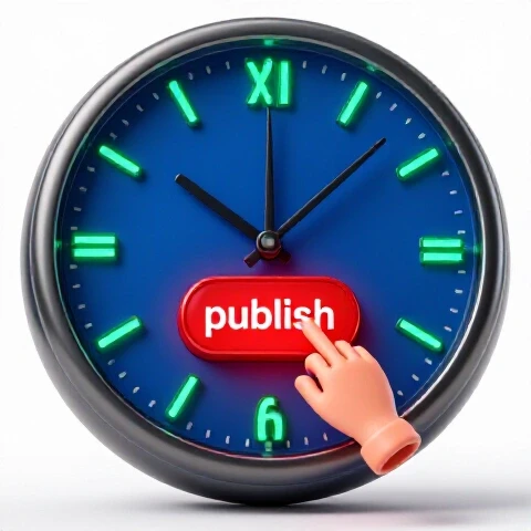 Glossy clock and glowing publish button with a stylized hand poised above, vivid colors on a bright white background.