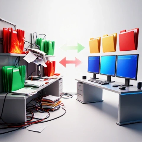 A split-screen workspace with one side chaotic and messy, the other smooth and organized, with vivid colors and dynamic arrows highlighting the contrast, all on a bright white backdrop.
