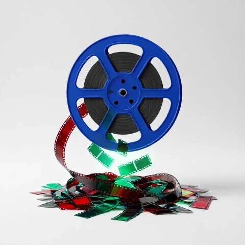 Central film reel selects vibrant, glowing film clips from scattered unused footage on bright studio background.