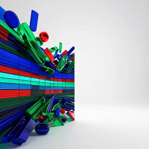 Chaotic, saturated video timeline with effects transitions into a clean, focused video scene on a bright background.