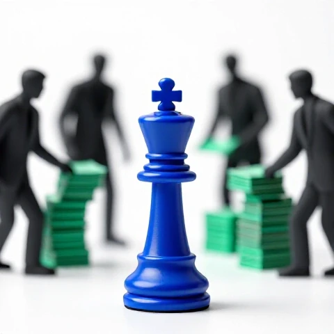 Confident, glossy blue chess piece stands centered as shadowy figures in background exchange cash, set in a brightly lit studio.