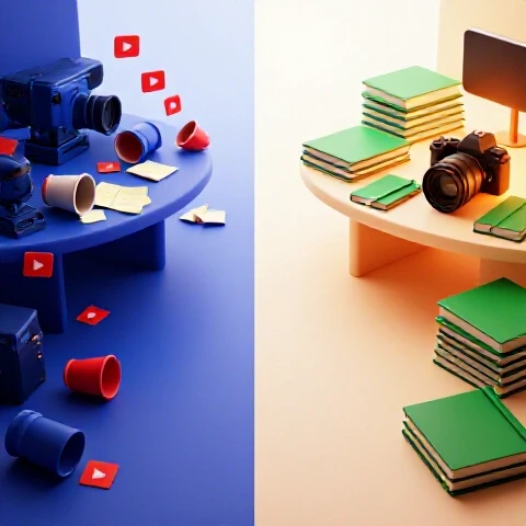 Split-scene showing chaotic creative workspace on one side and an organized, calm desk on the other, symbolizing transformation.