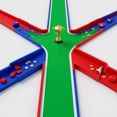A crossroads scene with pitfalls on one path and a clear path leading to a trophy, set in a bright studio style.
