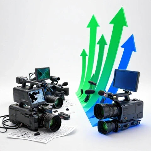 Split path with outdated cluttered video gear on one side and bright upward arrows with modern equipment on the other, emphasizing correct YouTube growth choices.