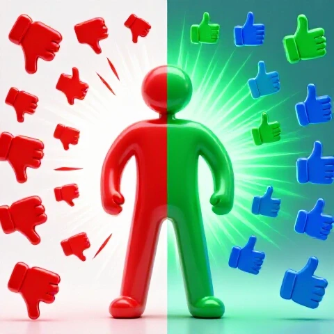 Split image showing scattered red thumbs-down icons on one side and vibrant green thumbs-up icons on the other, highlighting YouTube like success transformation.