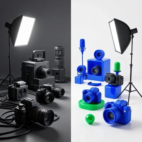 Split-screen showing messy, poorly lit video equipment contrasted with an organized, professional production setup.