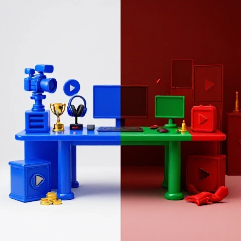 Split-screen image contrasting a vibrant YouTube creator desk with a dim, struggling workspace, divided boldly.