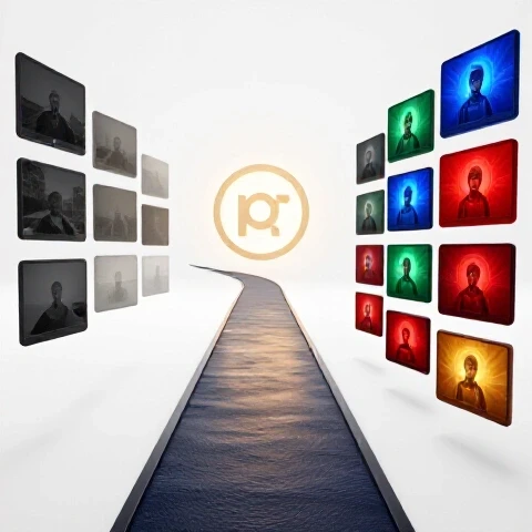 Winding path with shadowed and vibrant video thumbnails leading to a glowing channel icon on a white background
