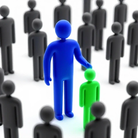 Glowing blue leader selects standout emerald figure from faded metallic crowd on bright white background