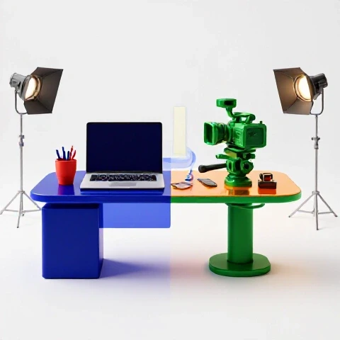 Vivid split-scene showing a colorful office desk merging into a creative video setup on a bright background
