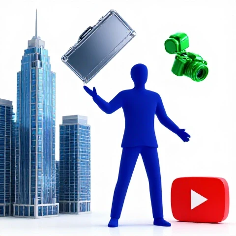 A symbolic figure juggles a blue briefcase and green camera between a modern office skyline and glowing red YouTube play button.