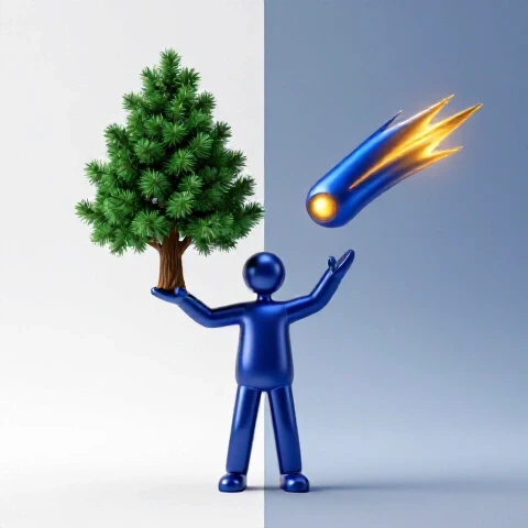 A symbolic figure juggles a lush green tree and a glowing comet on a split day-twilight backdrop, centered with clear edges.
