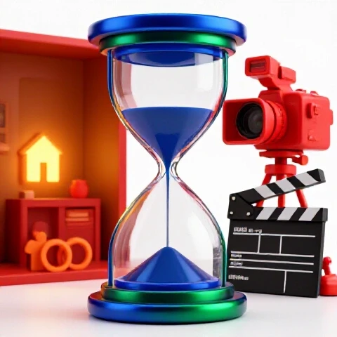 Split image of a metallic hourglass connecting a cozy home scene on one side and a vivid video setup on the other, with bright lighting.
