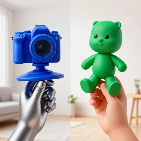 3D split scene of a camera and baby toy balanced in hands, contrasting home and studio backgrounds, bright setting.